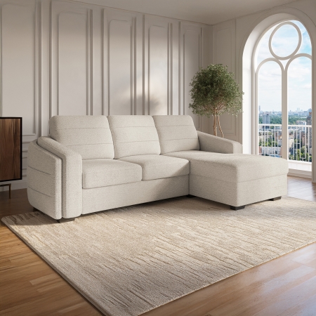 Canapé d'angle convertible avec coffre en tissu bouclette beige - Angle droit
