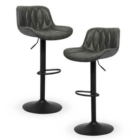 Lot de 2 tabourets effet simili cuir noir piètement ajustable métal noir