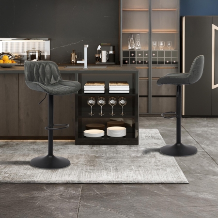Lot de 2 tabourets effet simili cuir noir piètement ajustable métal noir