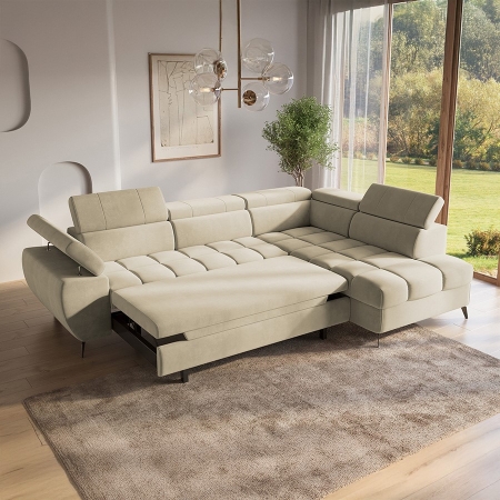 Canapé d’angle convertible matelassé avec coffre en velours beige - Angle droit