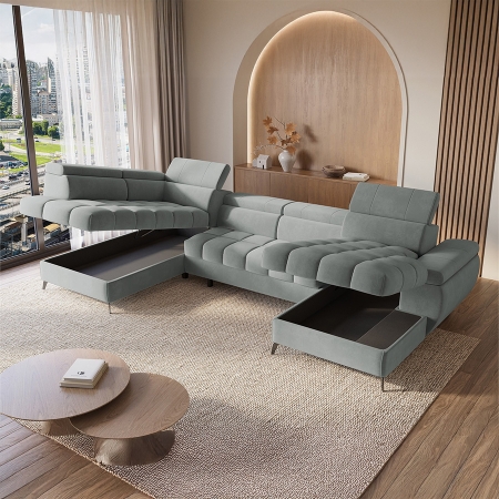 Canapé panoramique convertible matelassé avec coffre en velours gris - Angle droit