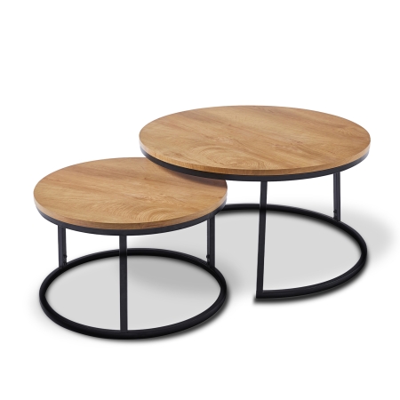 Lot de 2 tables basses rondes gigognes en bois et métal noir