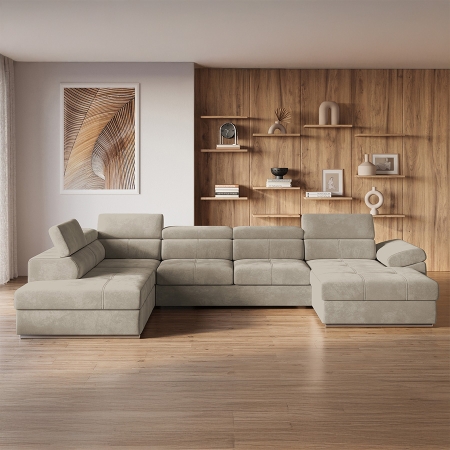 Canapé panoramique convertible avec coffre en velours taupe - Angle droit