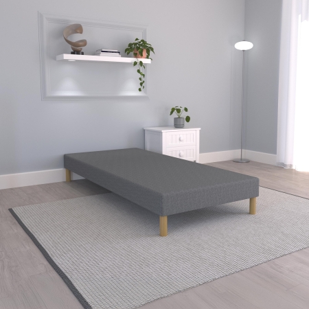 Sommier tapissier 90*190 tissu gris piètement en bois