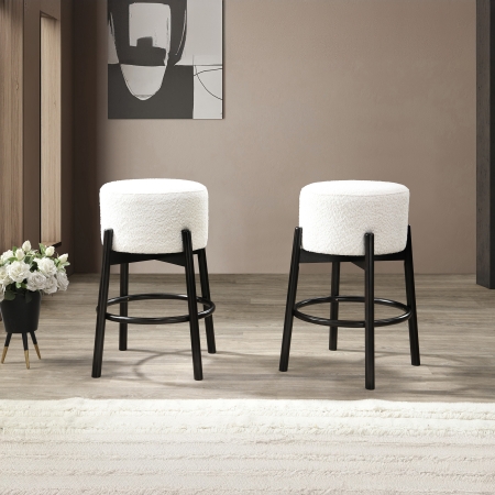 Lot de 2 tabourets effet peau de mouton blanc et bois noir