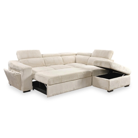 Canapé d'angle convertible avec coffre en velours côtelé beige - Angle droit