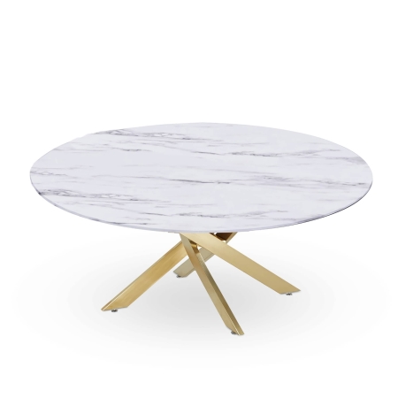 Table basse ronde design verre marbré et pieds dorés