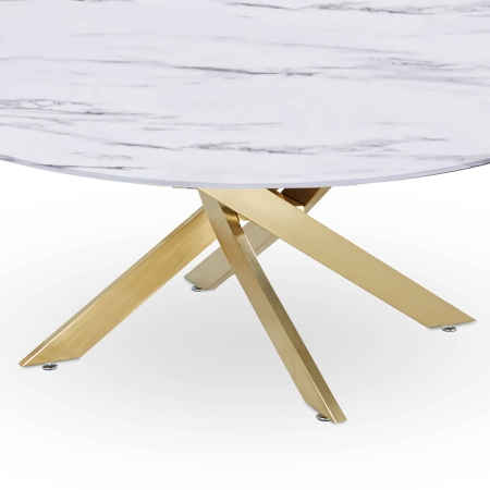 Table basse ronde design verre marbré et pieds dorés