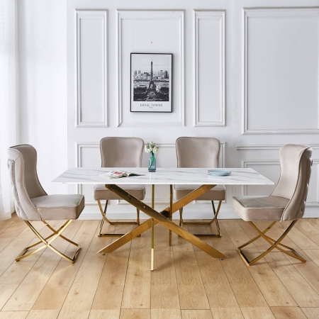 Table à manger rectangulaire design verre marbré et pieds dorés