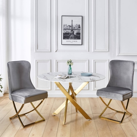 Table à manger ronde design verre marbré et pieds dorés