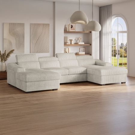 Canapé panoramique convertible avec 2 coffres en velours côtelé épais beige