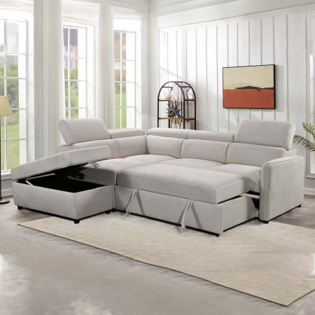 Canapé d'angle convertible coffre de rangement en tissu beige - Angle gauche
