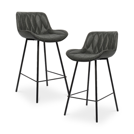Lot de 2 tabourets effet simili cuir noir piètement métal noir