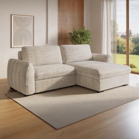 Canapé d'angle convertible et réversible avec coffre en velours chiné beige