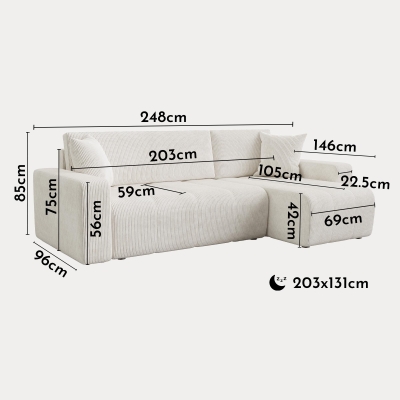 Canapé d'angle convertible et réversible avec coffre en velours côtelé beige