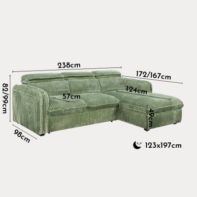 Canapé d'angle convertible en velours côtelé épais vert clair - Angle droit