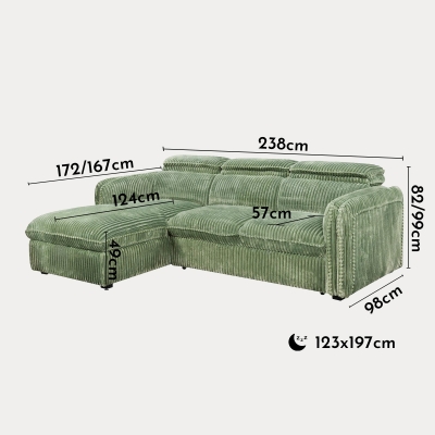 Canapé d'angle convertible en velours côtelé épais vert clair - Angle gauche