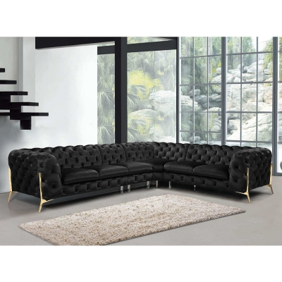 Canapé capitonné chesterfield d'angle réversible en velours noir ANGELA
