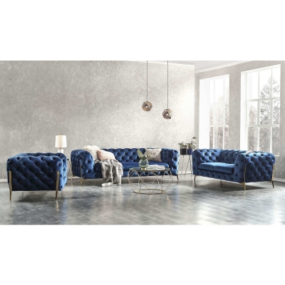 Ensemble canapé 3+2+1 places chesterfield velours bleu Angela