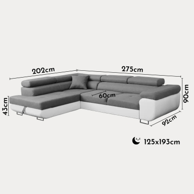 Canapé d'angle convertible gris et blanc coffre de rangement - Angle Gauche