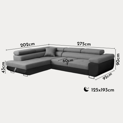 Canapé d'angle convertible gris et noir coffre de rangement - Angle Gauche