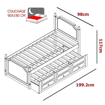 Lit gigogne 90 x 190 cm avec tiroirs en bois blanc