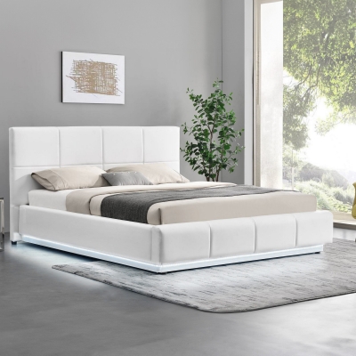 Lit coffre en simili cuir blanc LED 140x190 cm