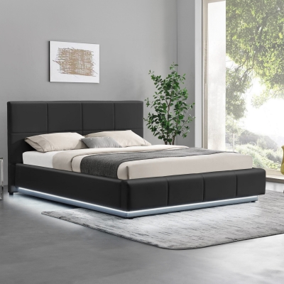 Lit coffre en simili cuir noir LED 160x200 cm