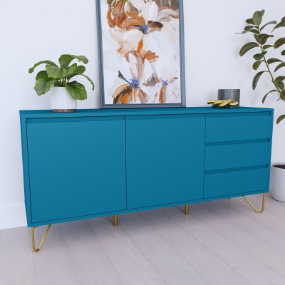 Buffet enfilade bleu canard équipé de 3 tiroirs et 2 portes
