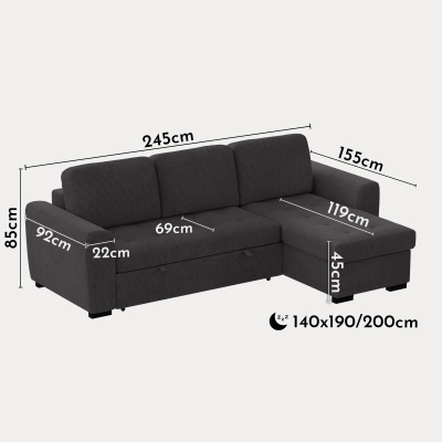 Canapé d'angle réversible convertible avec coffre en velours côtelé anthracite