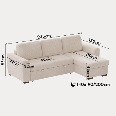 Canapé d'angle réversible convertible avec coffre en velours côtelé beige