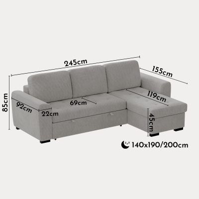 Canapé d'angle réversible convertible avec coffre en velours côtelé gris clair