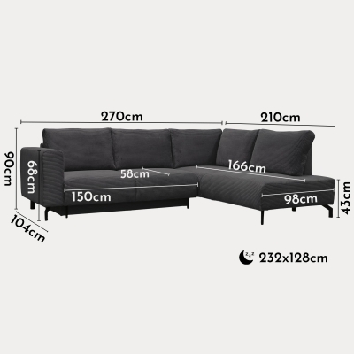 Canapé d'angle convertible avec coffre en velours côtelé anthracite - Angle droit