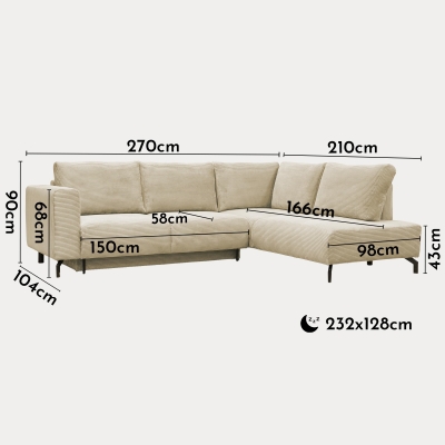 Canapé d'angle convertible avec coffre en velours côtelé beige - Angle droit
