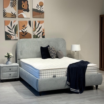 Lit double en tissu gris vert avec coffre 140x190 cm