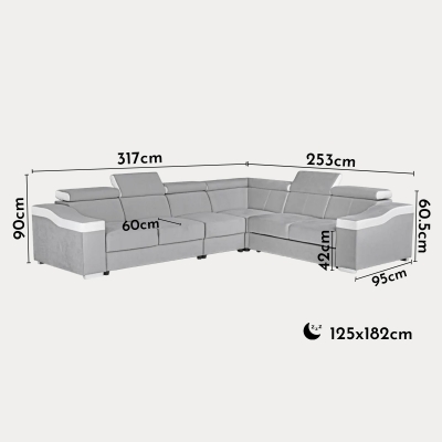 Canapé d’angle convertible réversible en tissu velours gris clair et simili cuir blanc
