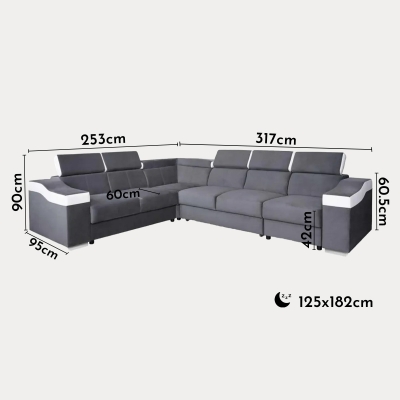 Canapé d’angle convertible réversible en tissu velours gris et simili cuir blanc
