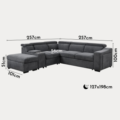 Canapé d'angle convertible avec coffre en tissu gris - Angle gauche