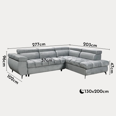 Canapé d’angle convertible matelassé avec coffre en velours gris - Angle droit