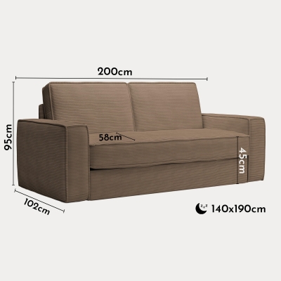 Canapé 3 places convertible rapido velours côtelé taupe matelas 14 cm