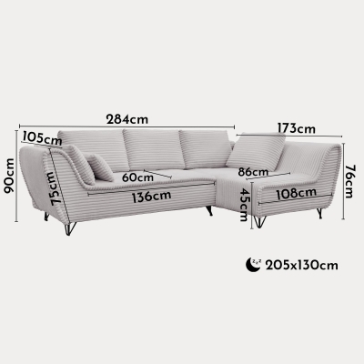 Canapé d’angle convertible avec coffre en velours côtelé gris- Angle droit