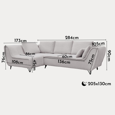 Canapé d’angle convertible avec coffre en velours côtelé gris- Angle gauche