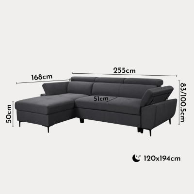 Canapé d'angle convertible avec coffre en tissu gris - Angle gauche