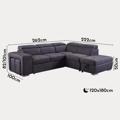Canapé d'angle convertible avec rangement en tissu gris - Angle Droit