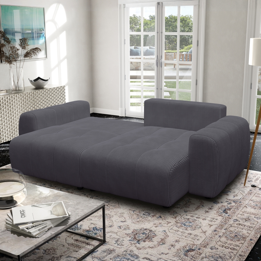 Canapé d'angle convertible et réversible avec coffre en velours côtelé gris foncé