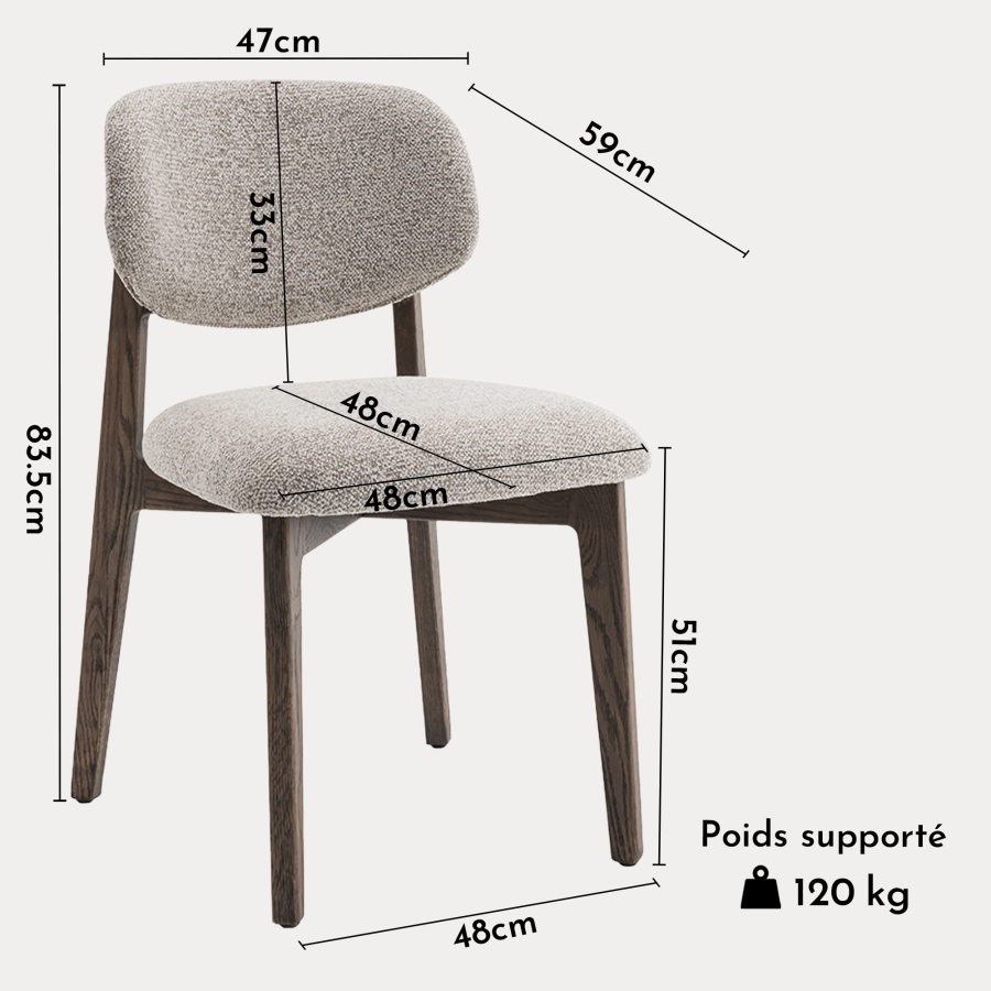 Chaise de repas en tissu beige pieds couleur bois foncé