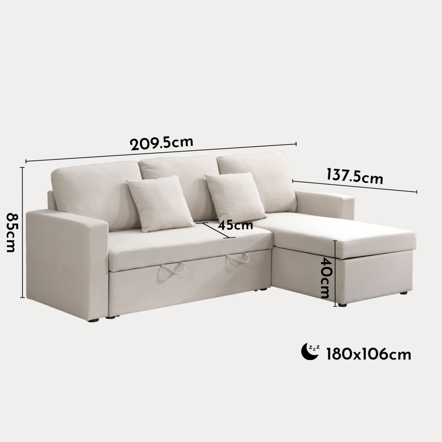 Canap&eacute; d'angle convertible et r&eacute;versible avec coffre en tissu beige