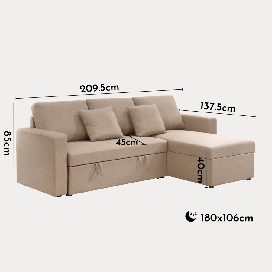 Canap&eacute; d'angle convertible et r&eacute;versible avec coffre en tissu taupe