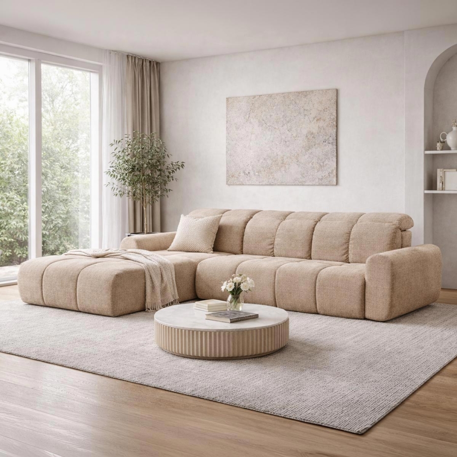 Canapé d'angle convertible avec coffre en tissu taupe - Angle gauche