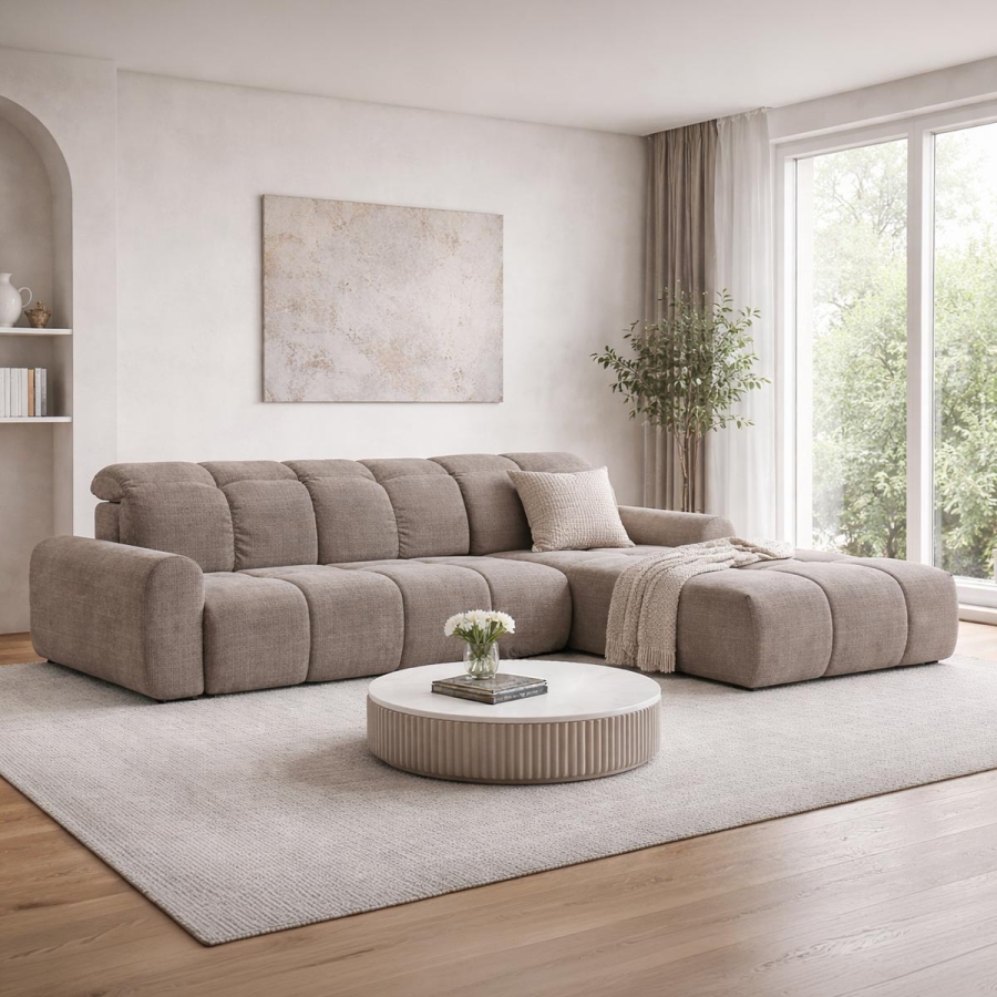 Canapé d'angle convertible avec coffre en tissu taupe foncé - Angle droit